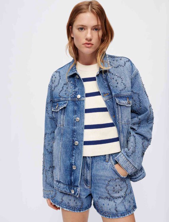 Wide denim jacket with rhinestones - All the collection - MAJE
