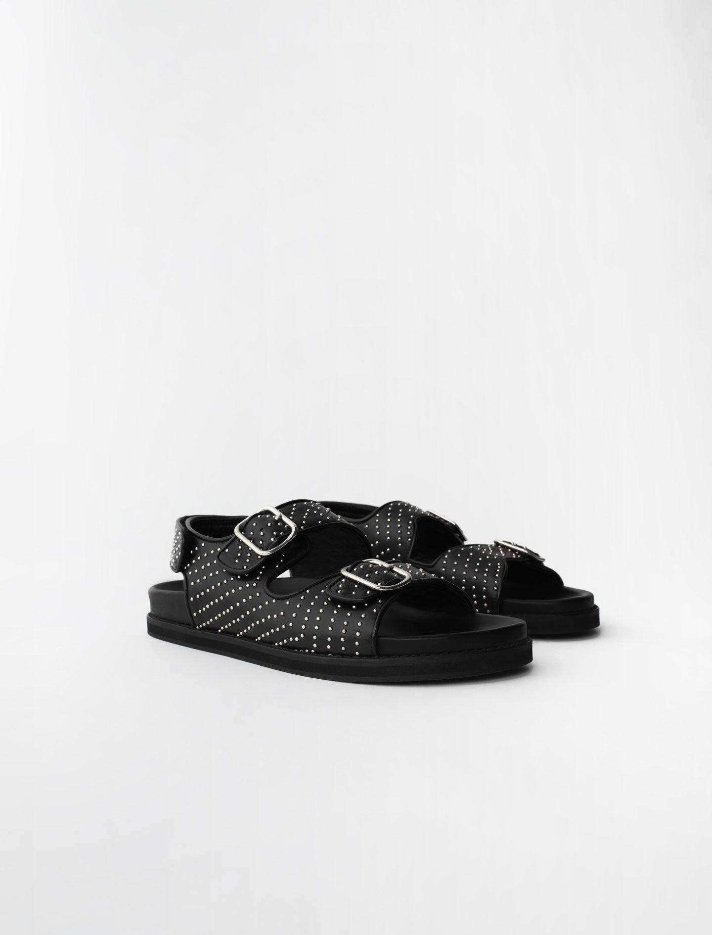 black buckle studded strap sandals