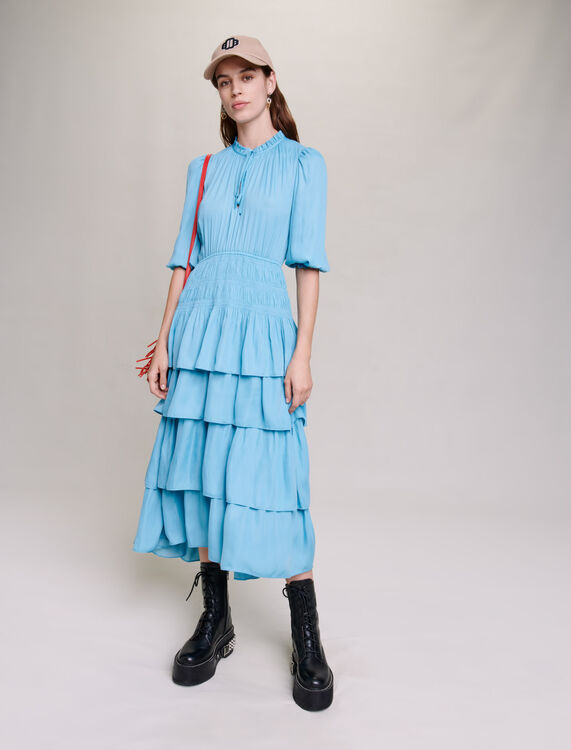 Long satiny dress with ruffles - Maxi dresses - MAJE