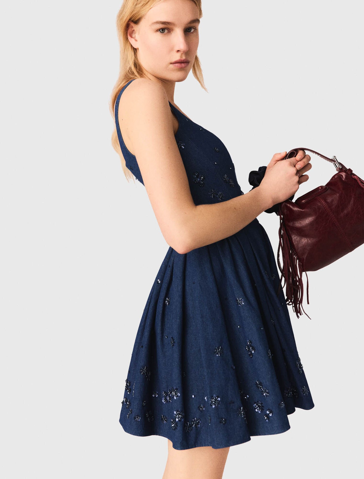 Flared embroidered denim dress