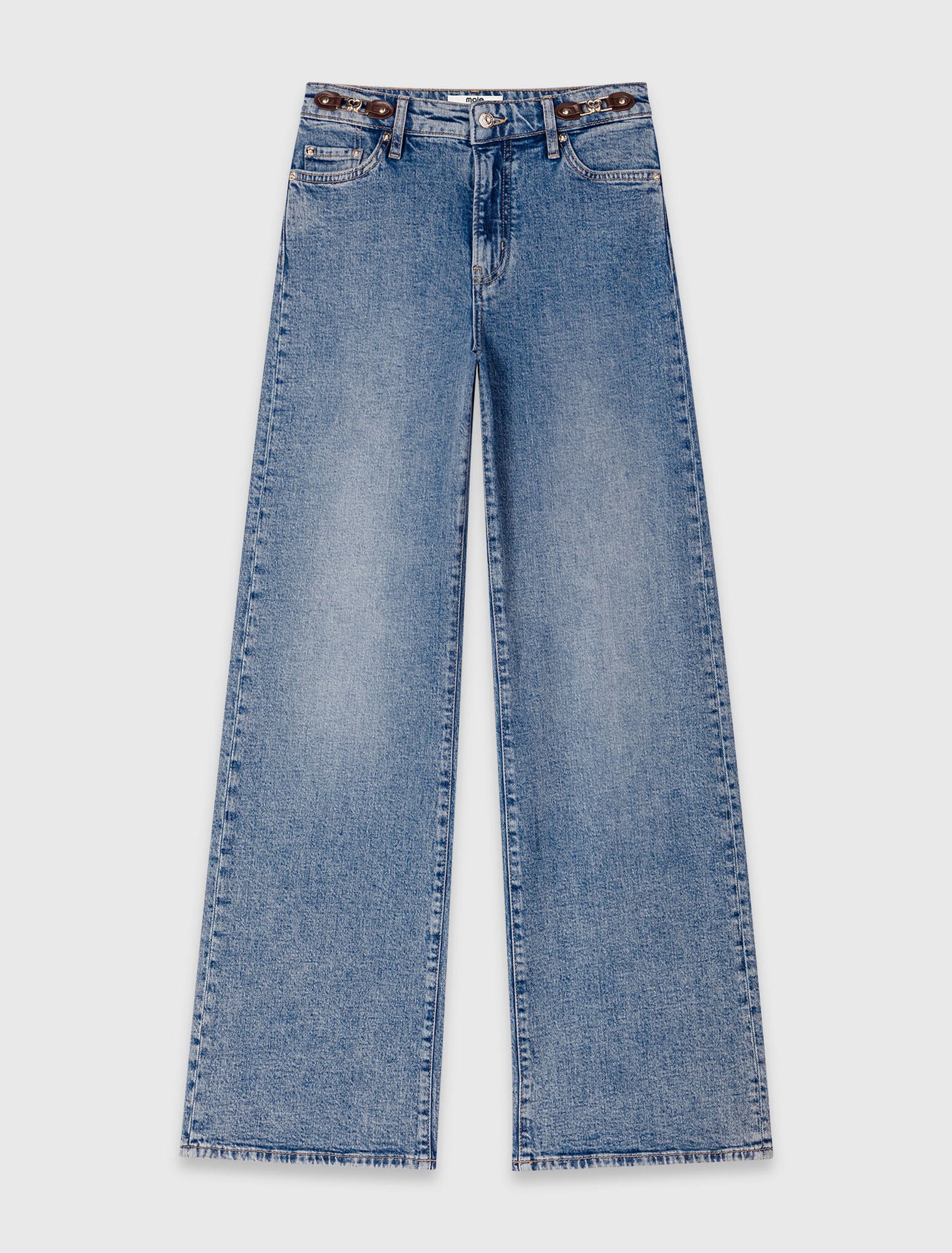 Wide-leg leather buckle jeans