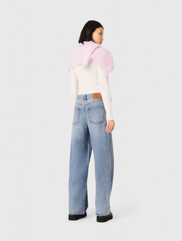 Wide-leg all-over rhinestone jeans