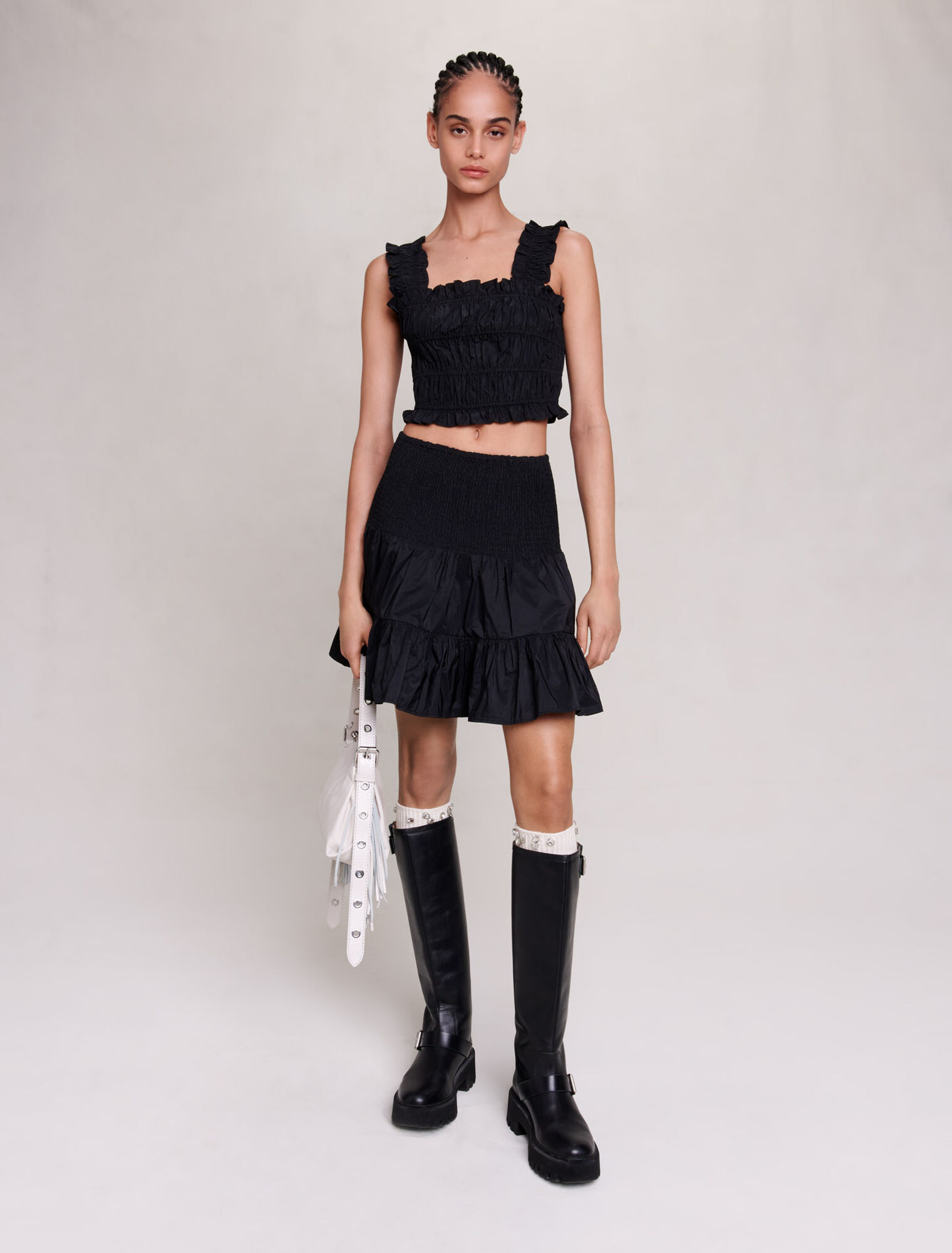 Short skirt with smocking and ruffles