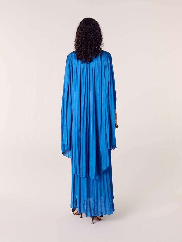 Pleated satin cape maxi dress