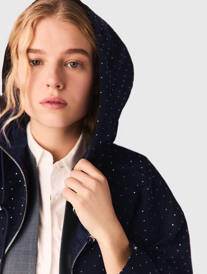 Hooded windbreaker with rhinestones