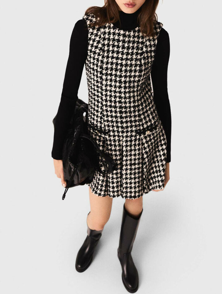 Flared houndstooth tweed dress