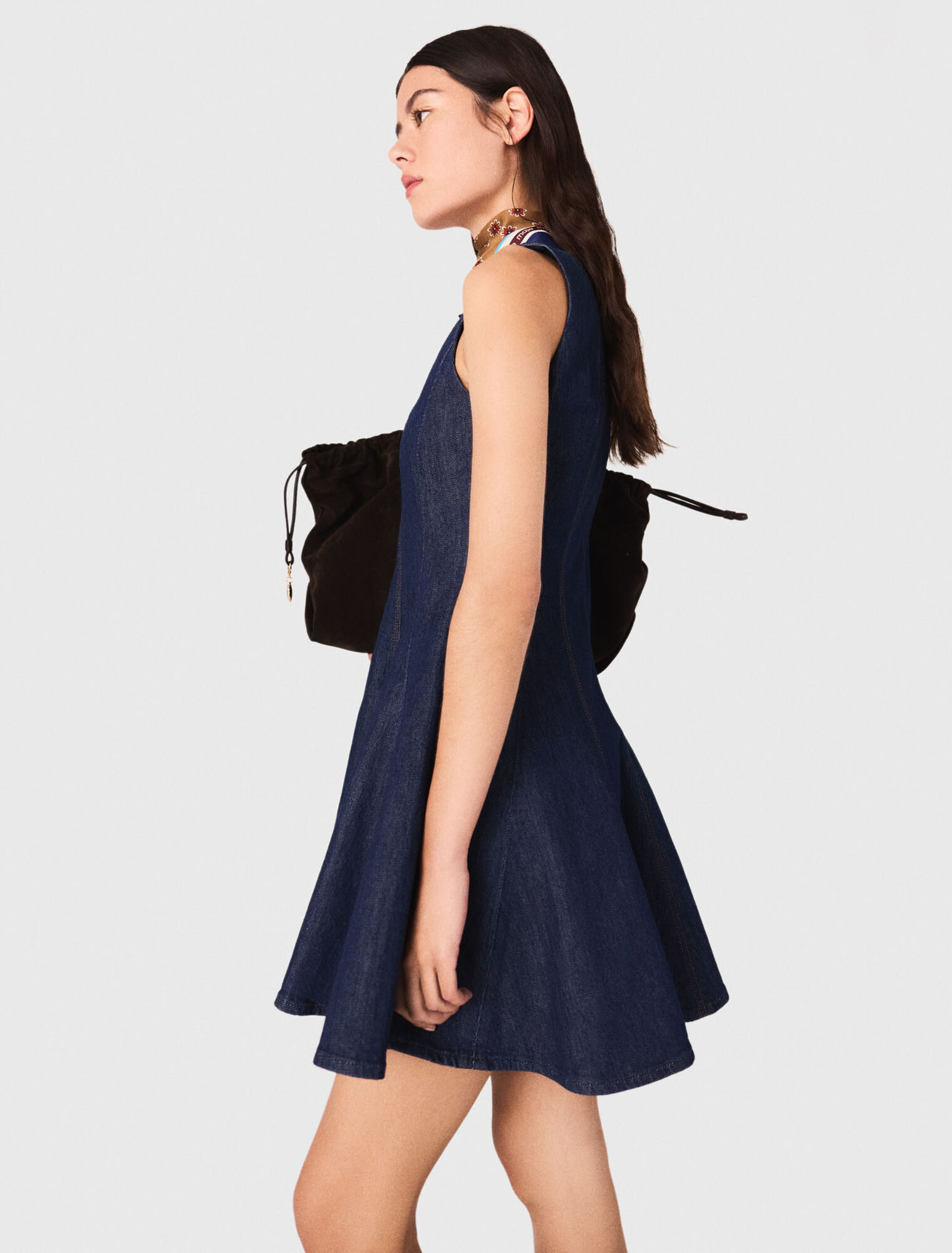 Short denim dress with ruffles
