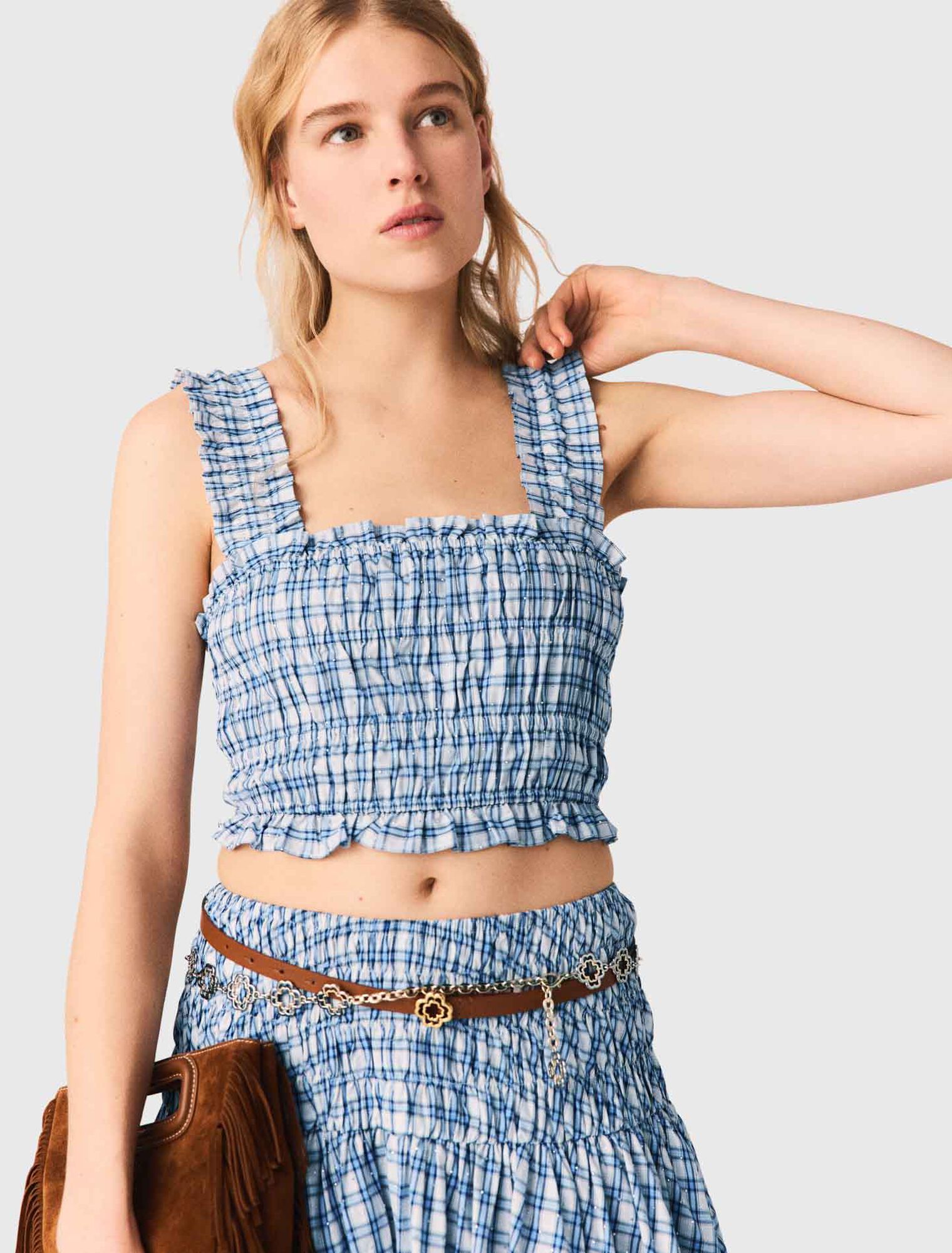 Smocked rhinestone cotton top