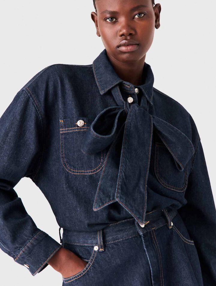 Denim shirt with pussy bow