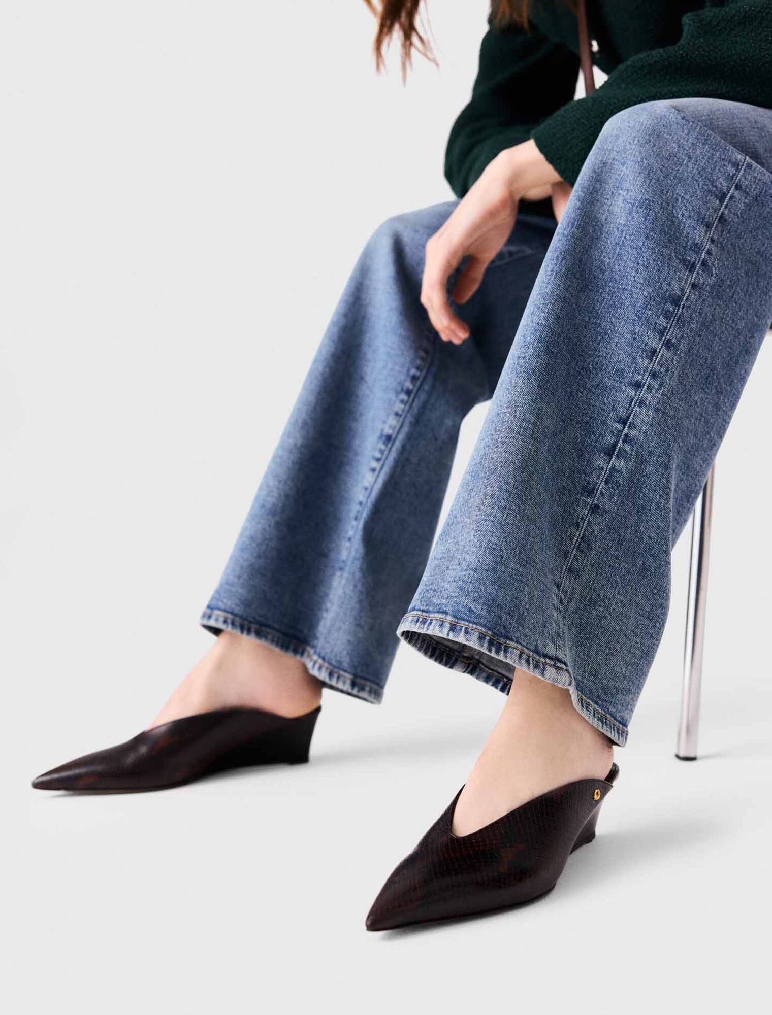 Embossed leather wedge mules
