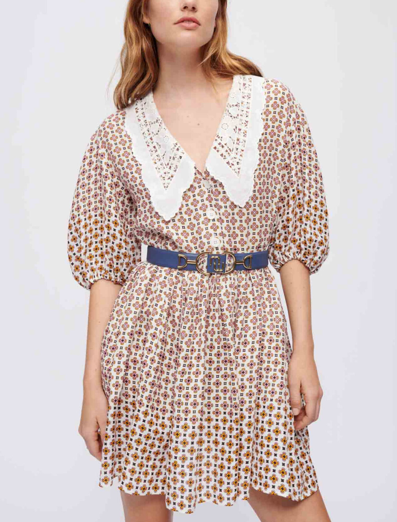 Printed dress with embroidered collar