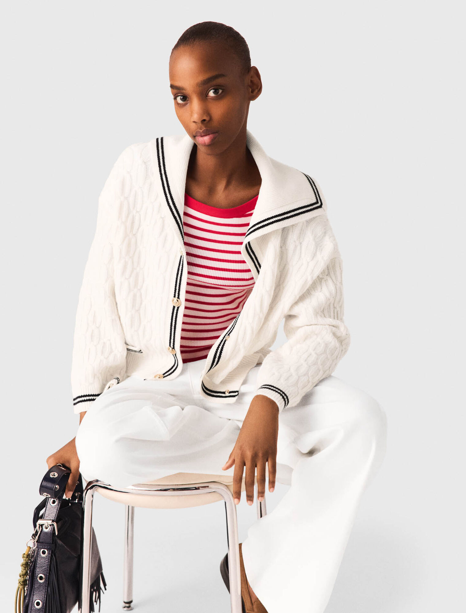 Boat neck cable-knit cardigan