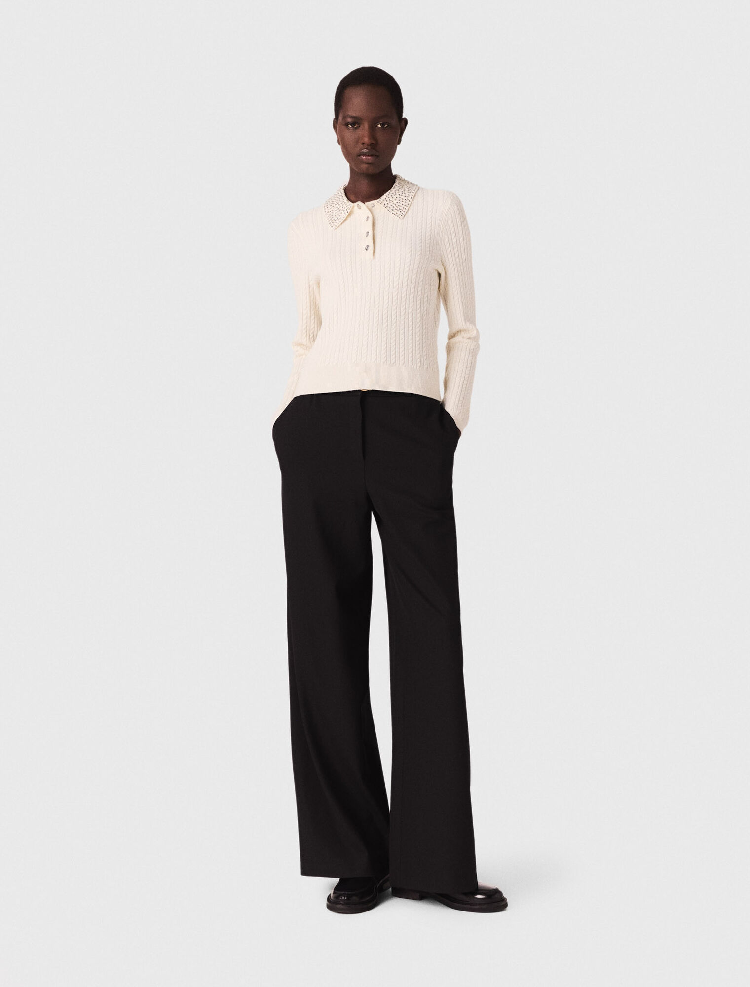 Knit polo shirt with rhinestone collar