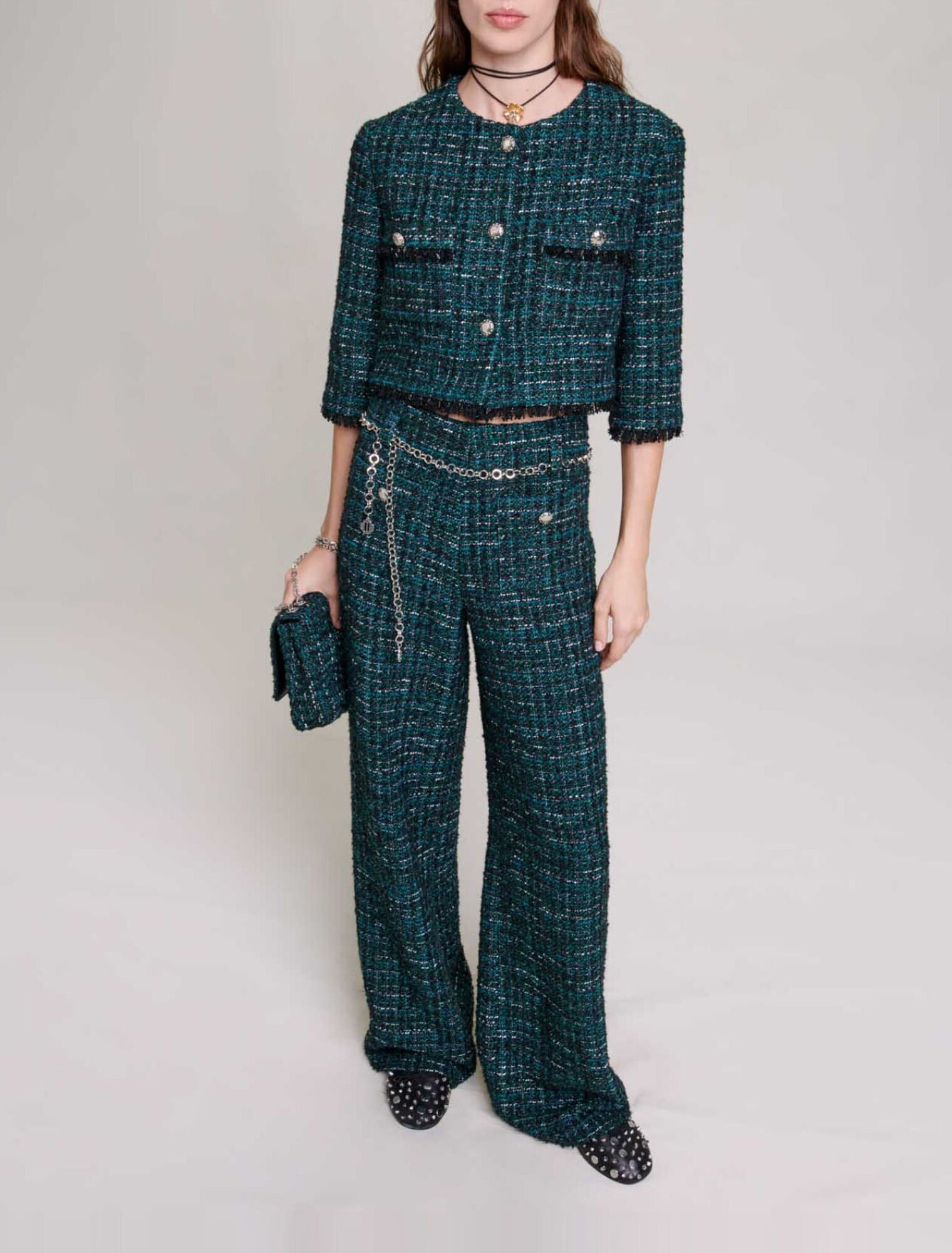 Wide-leg tweed trousers
