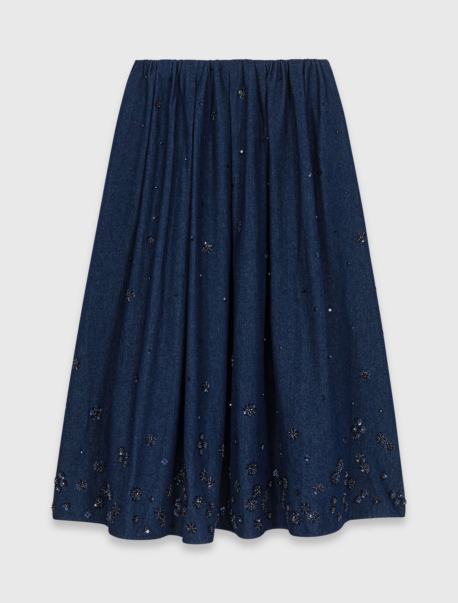 Embroidered denim midi skirt