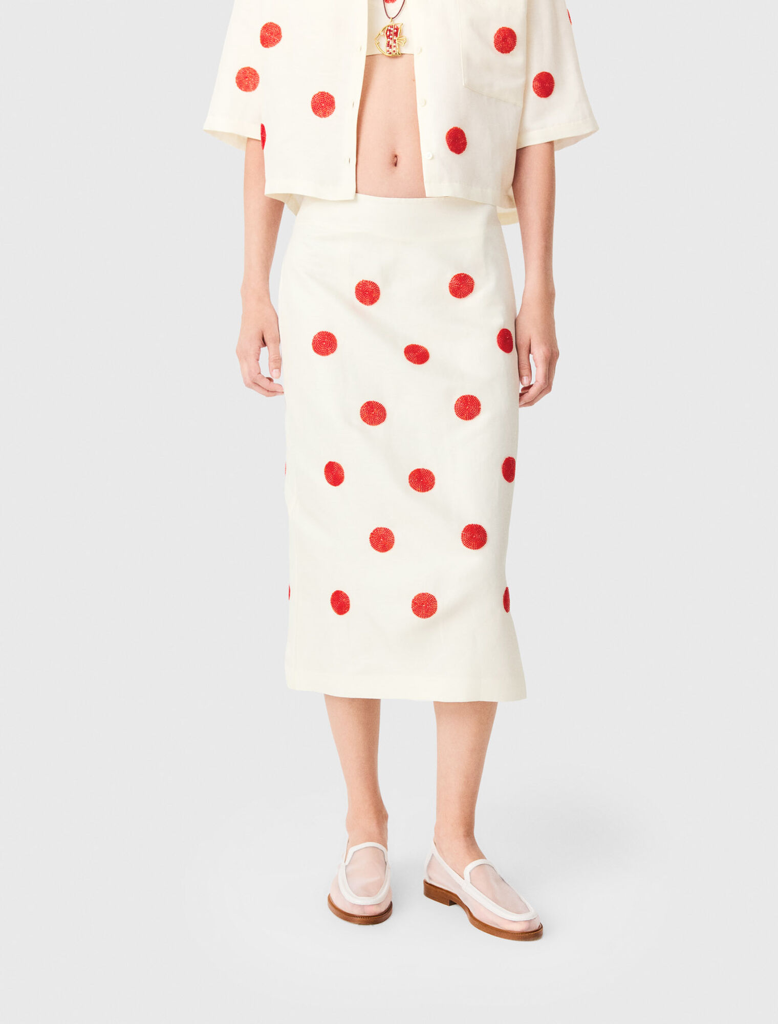 Embroidered linen-silk pencil skirt