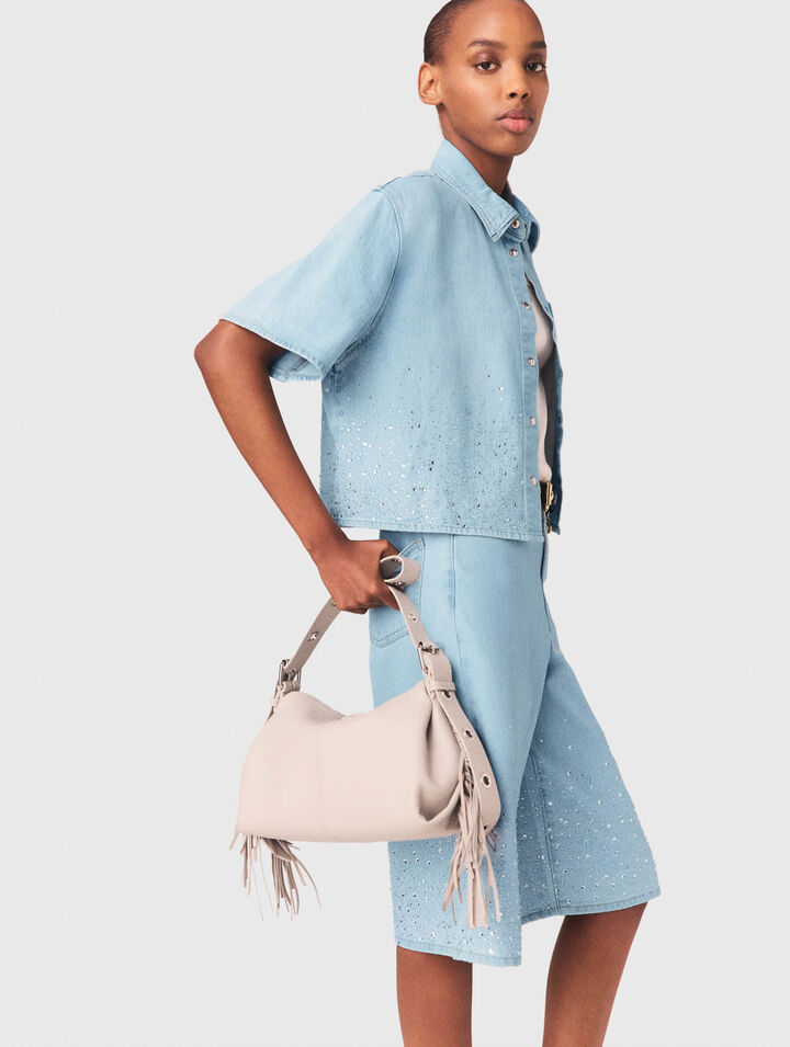 Cropped rhinestone denim shirt