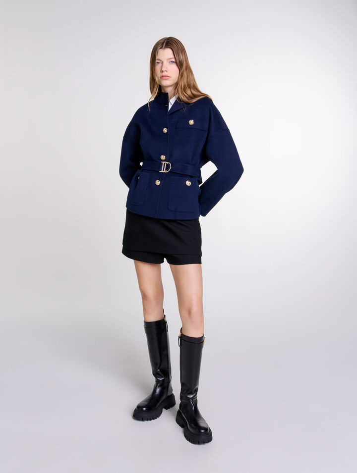 Belted short wool coat