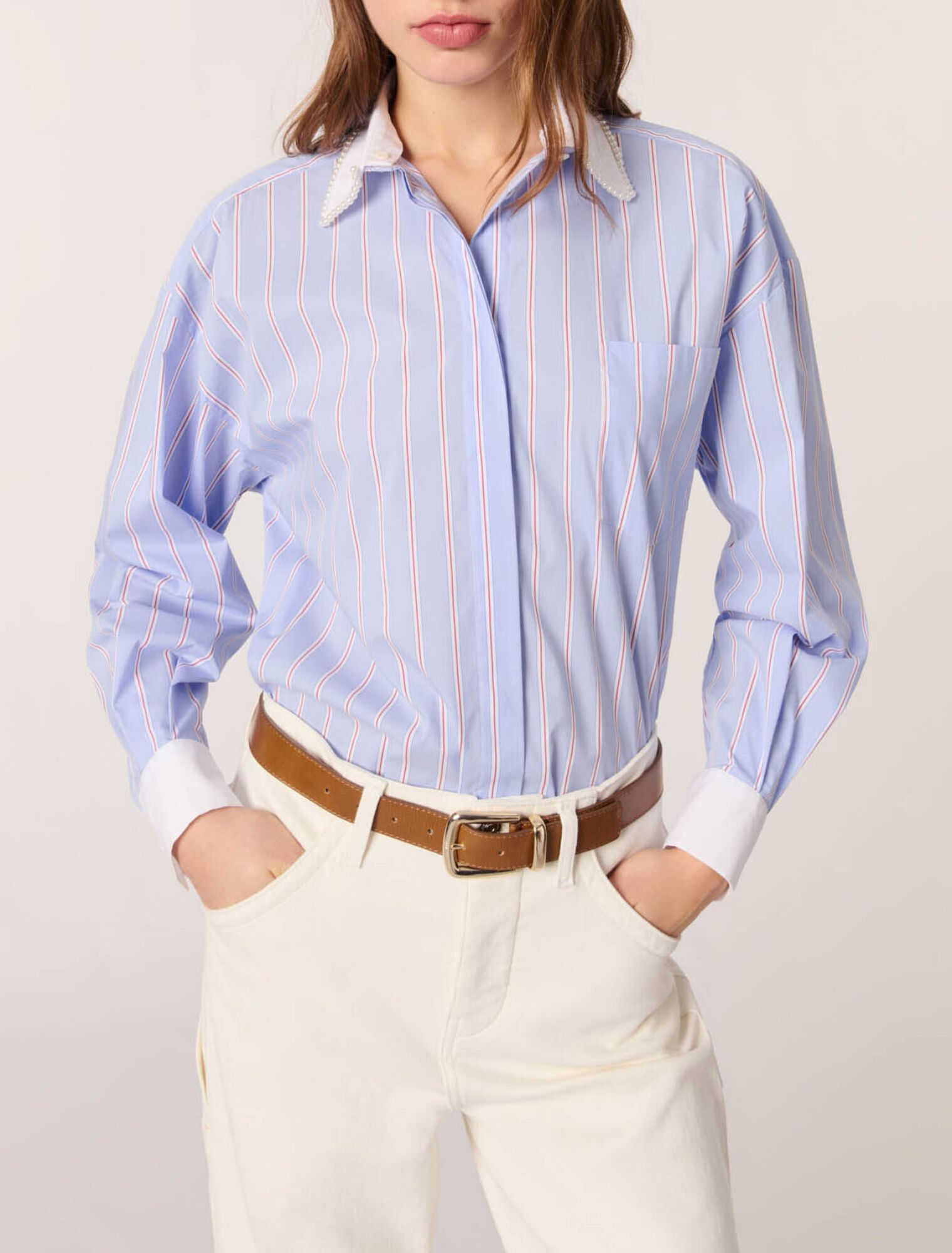 Striped shirt with beaded collar