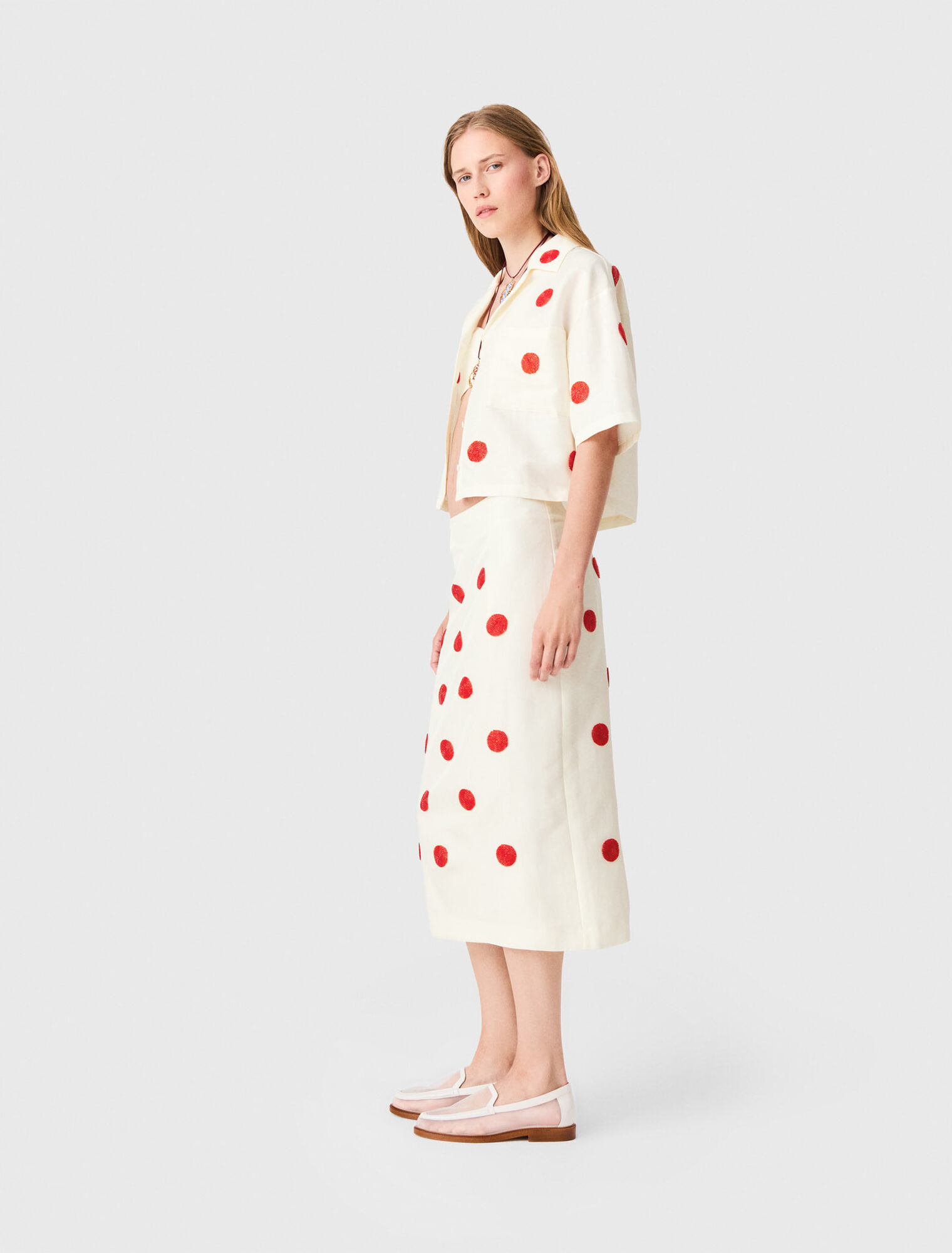 Embroidered linen-silk pencil skirt