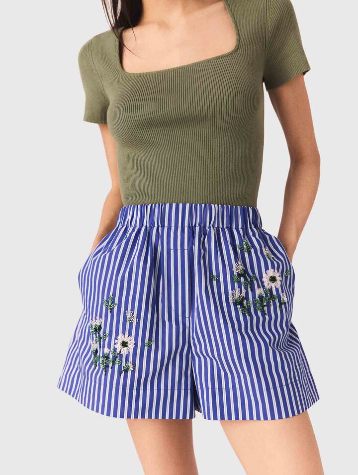 Embroidered striped cotton shorts