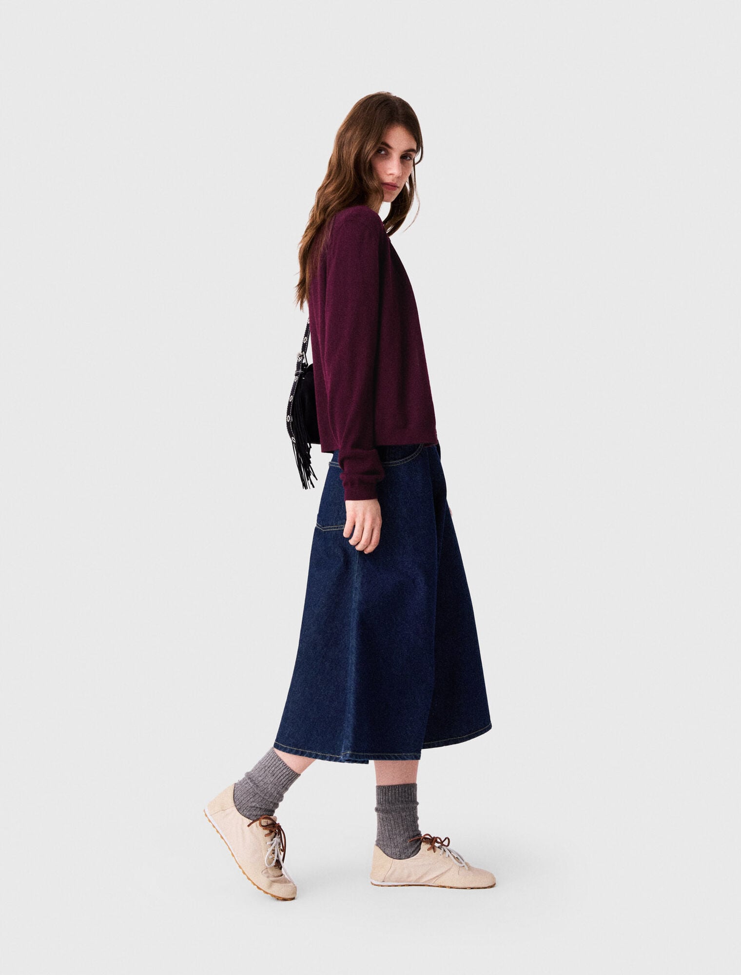 Mid-length flared denim skirt