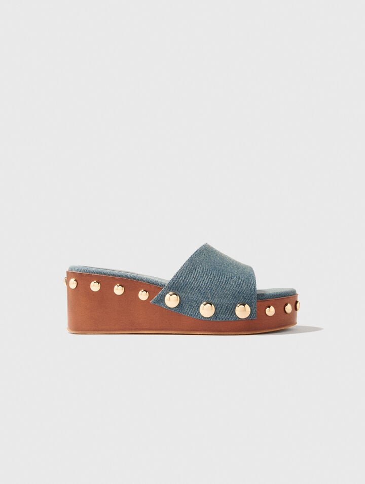 Denim studded wedge mules