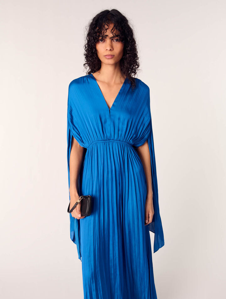 Pleated satin cape maxi dress