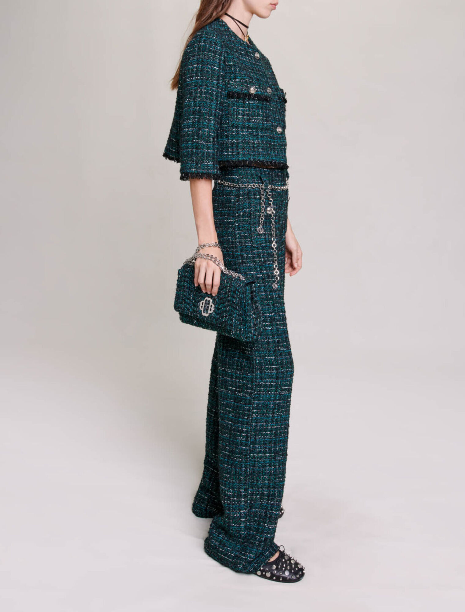 Wide-leg tweed trousers