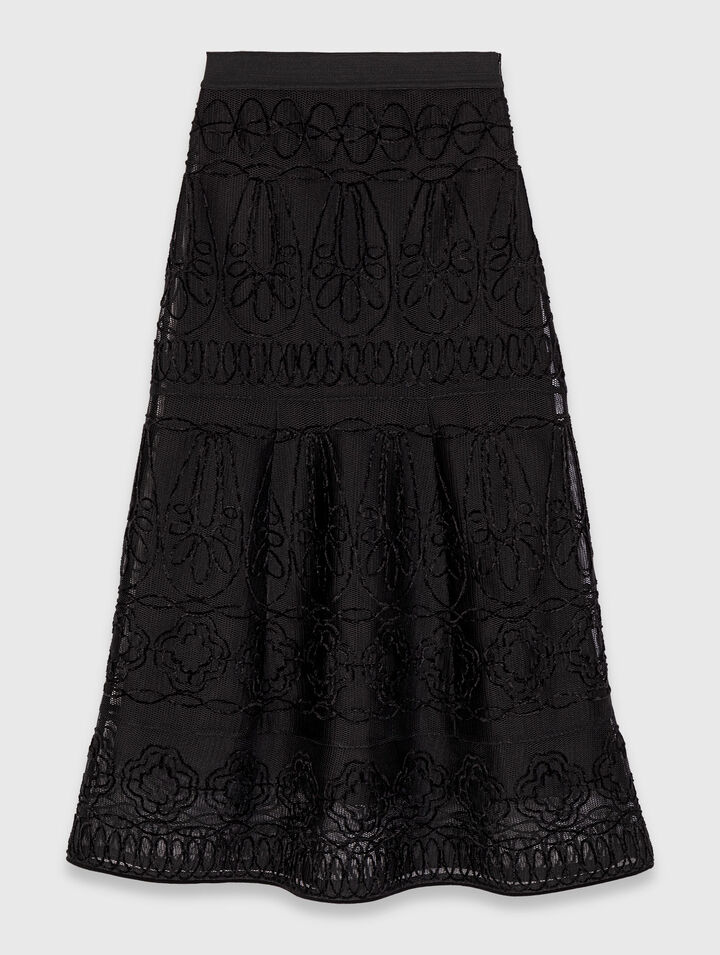 Embroidered basket-weave knit skirt