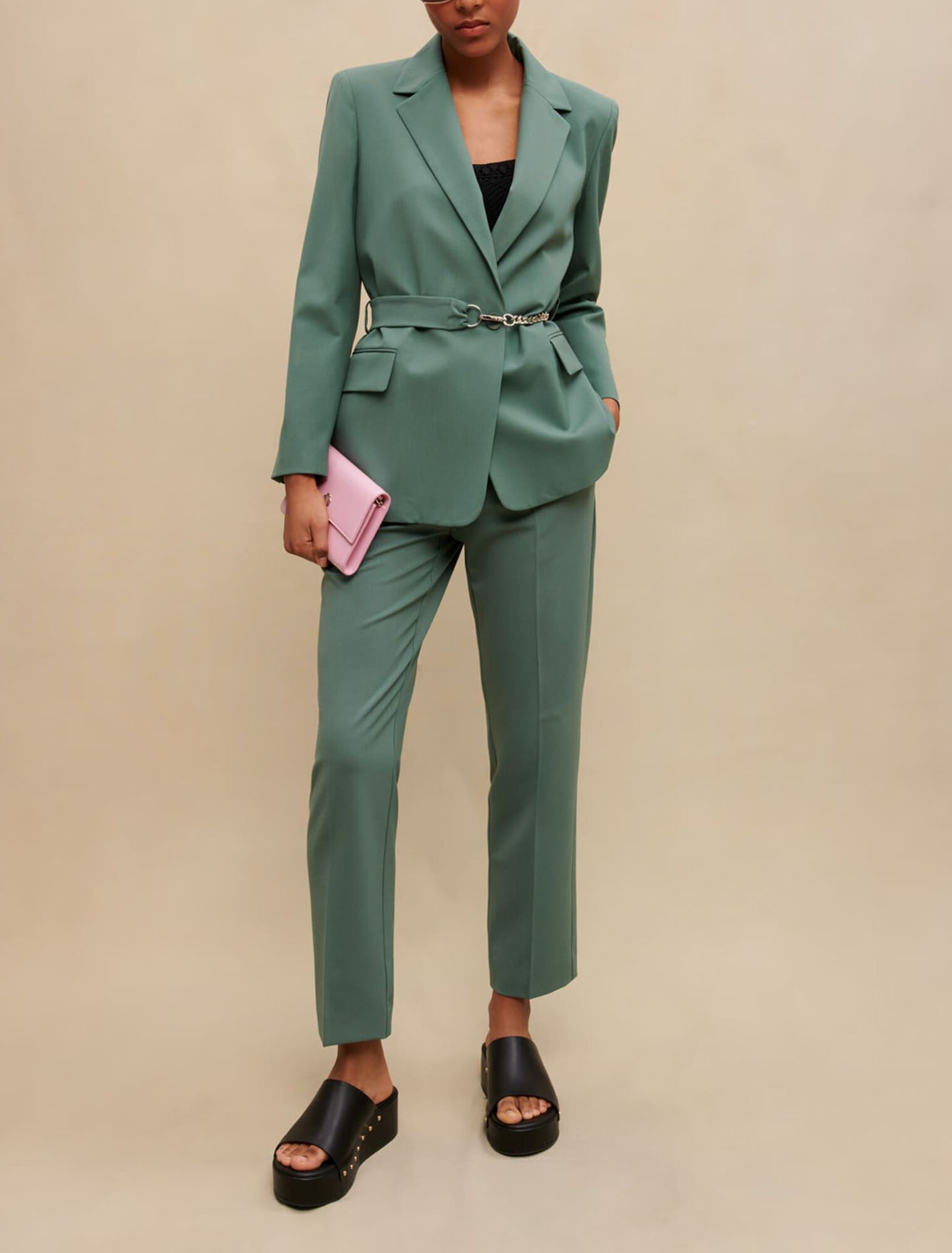 Tailored jacket with chain belt