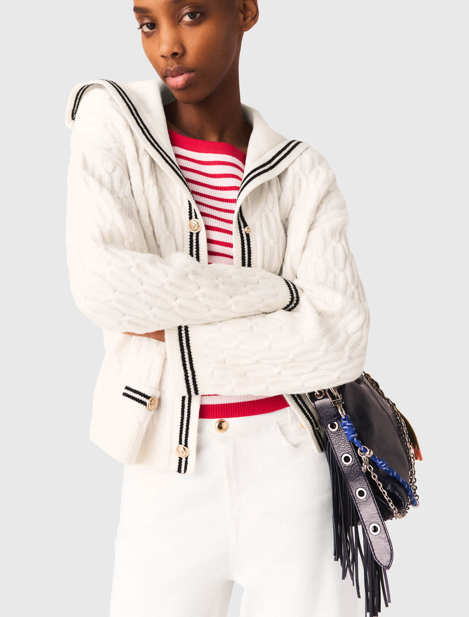 Boat neck cable-knit cardigan