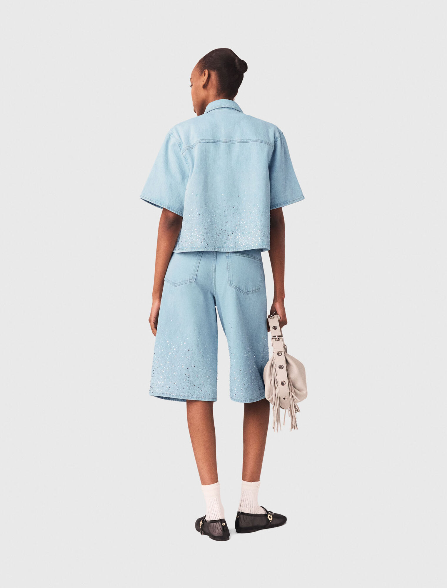 Cropped rhinestone denim shirt