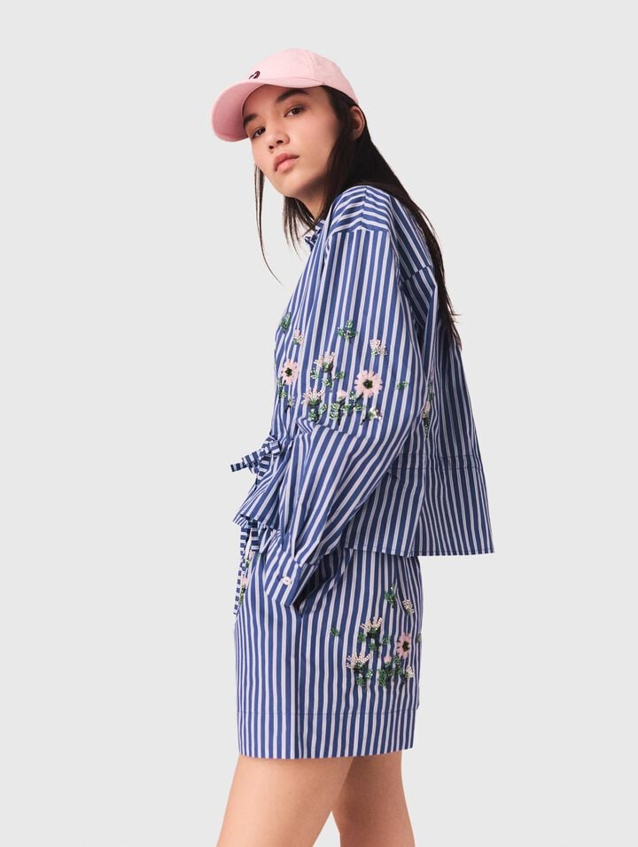 Cropped embroidered striped shirt