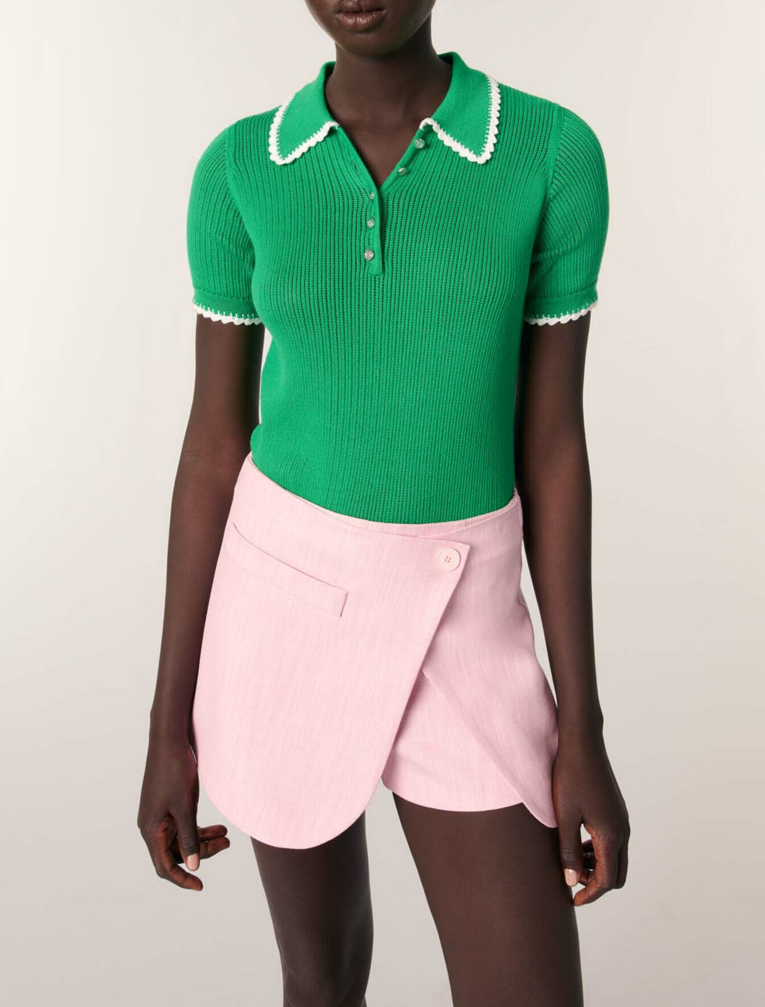 Pointelle knit crochet polo shirt