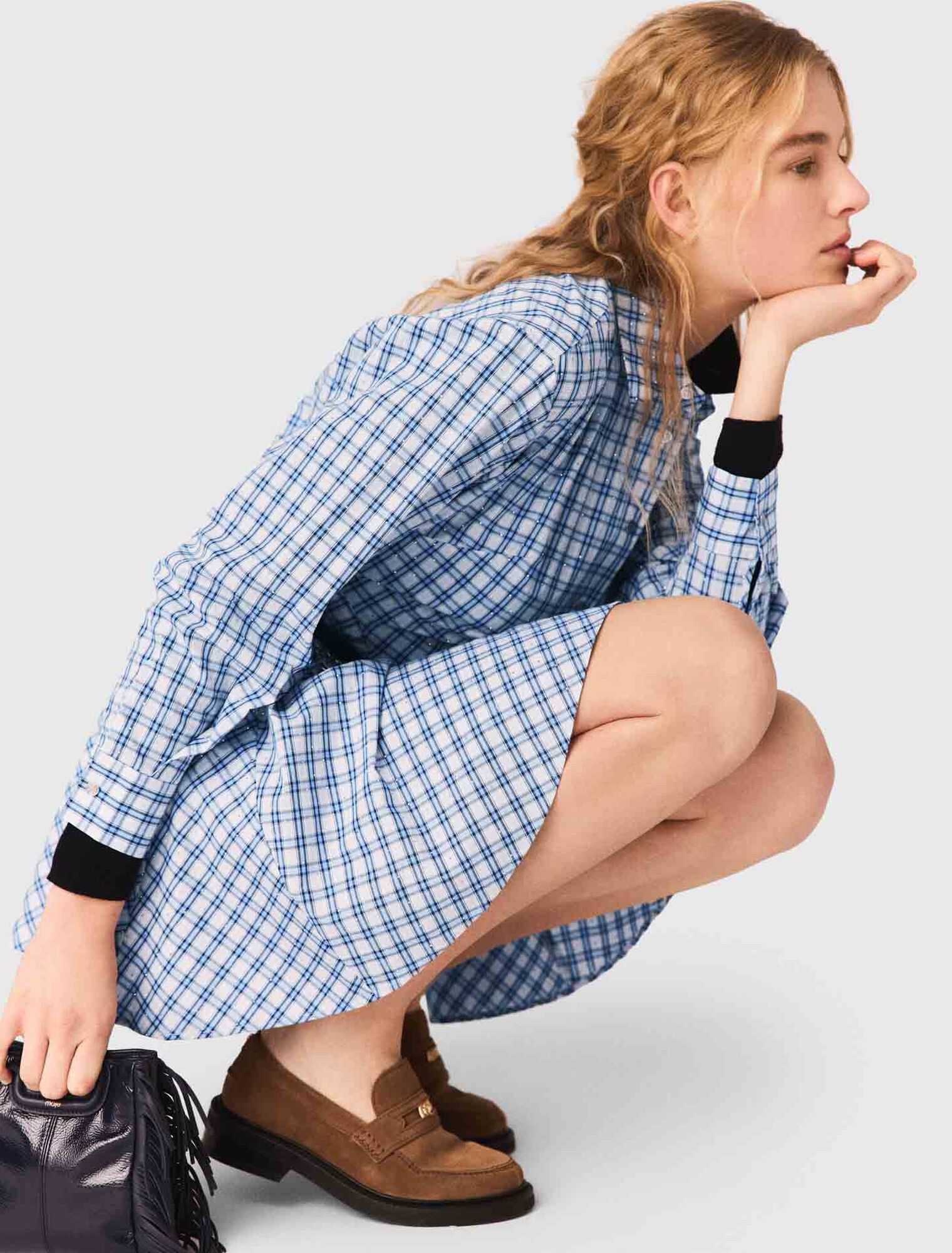 Rhinestone-trim cotton shirt dress