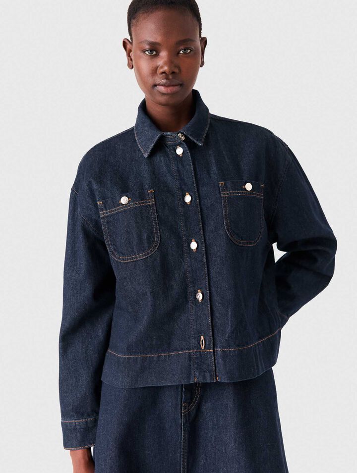 Denim shirt with pussy bow