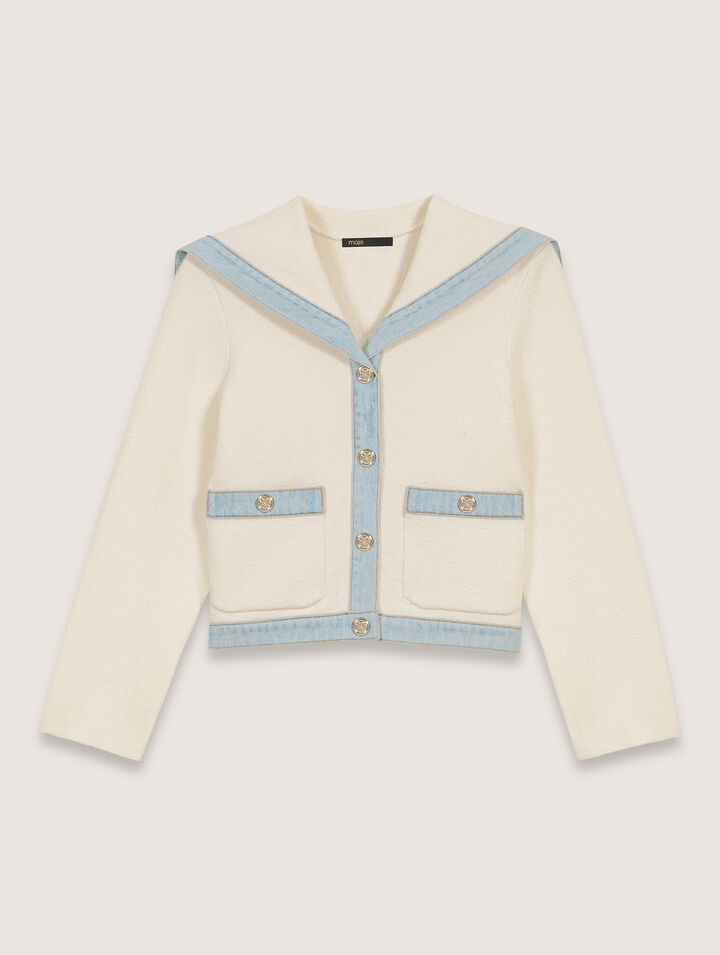 Crew-neck denim-detail cardigan