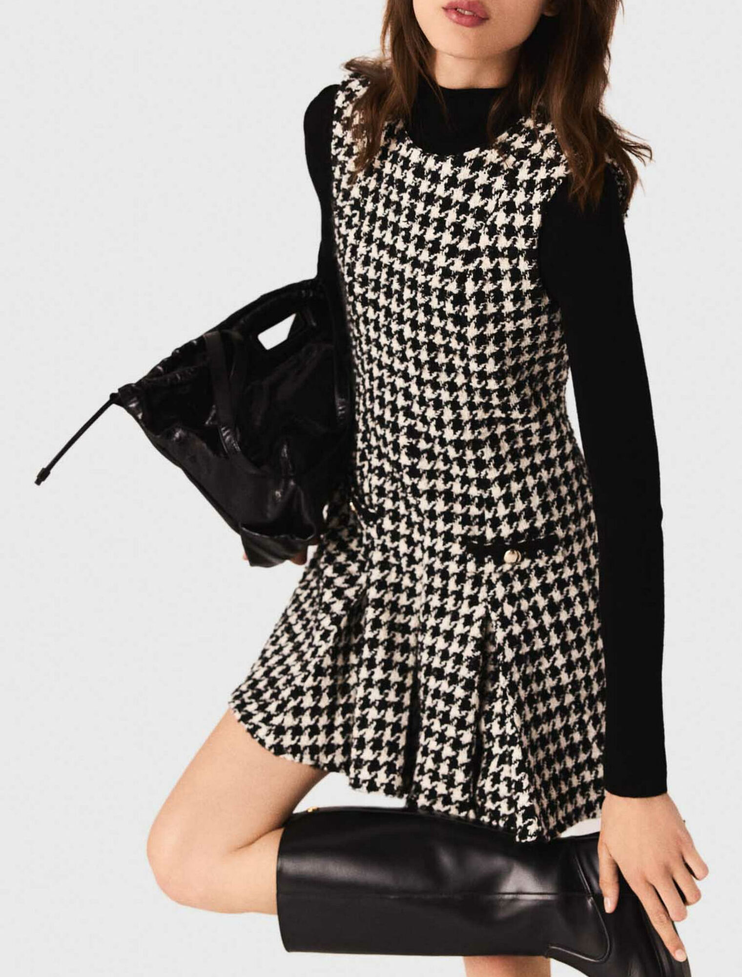 Flared houndstooth tweed dress
