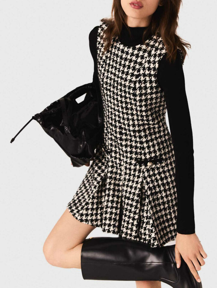 Flared houndstooth tweed dress