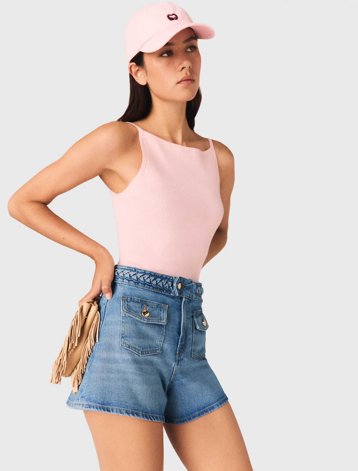 Braided denim shorts