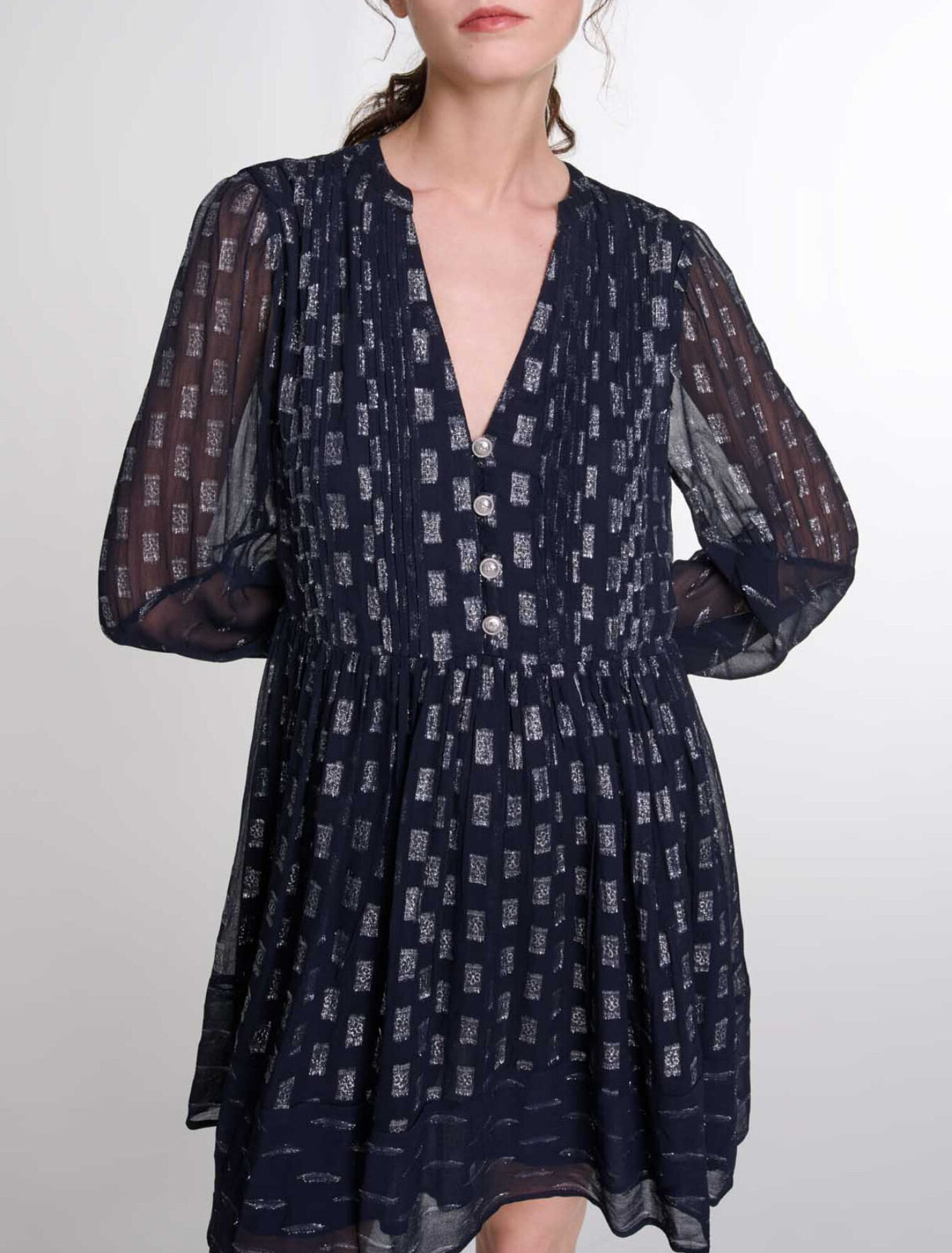 Pleated floral motif short dress