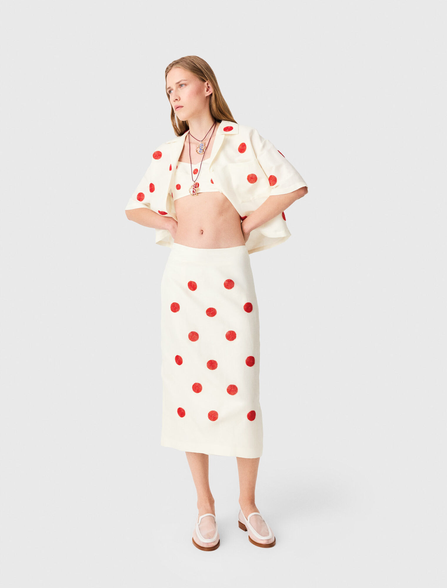 Embroidered linen-silk pencil skirt