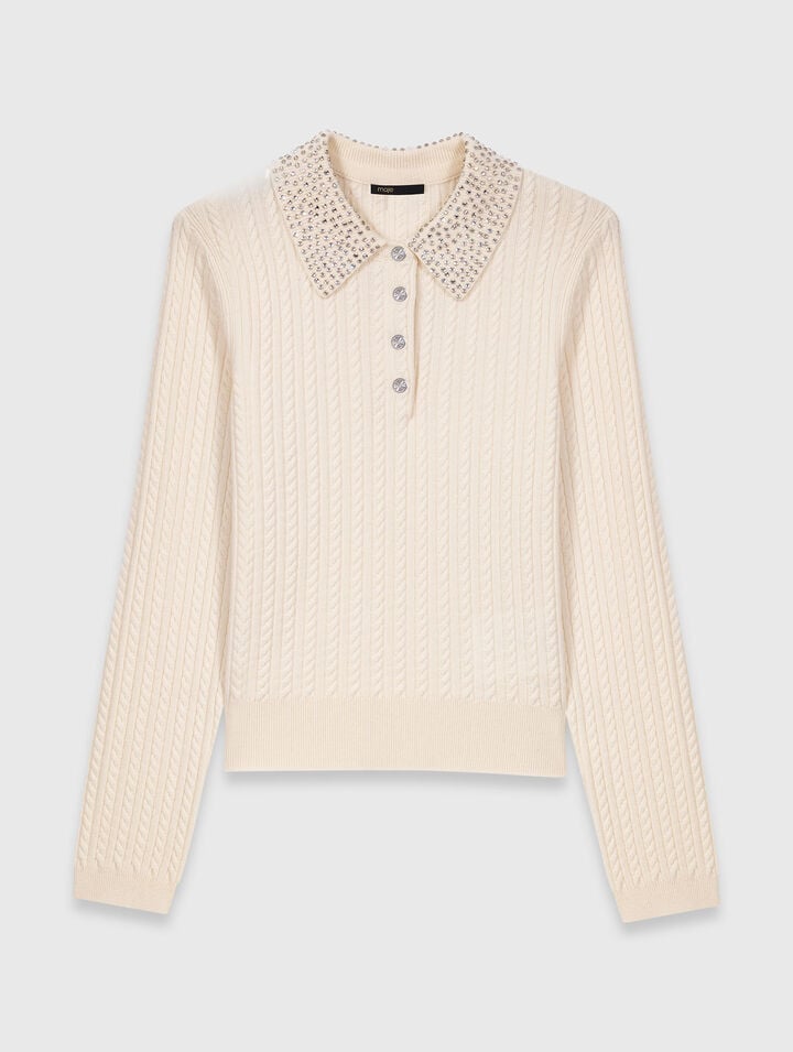 Knit polo shirt with rhinestone collar