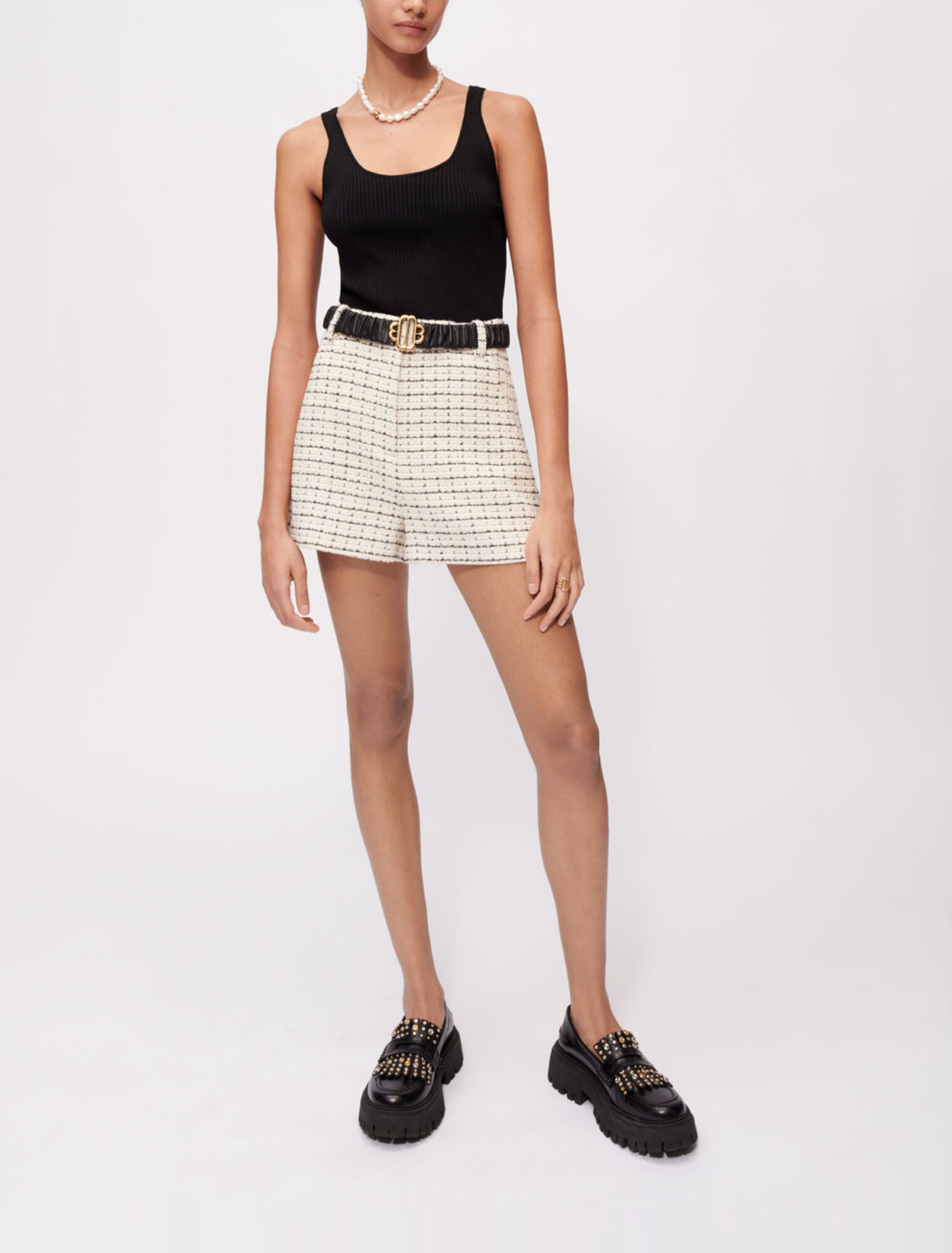 Mottled tweed shorts with check pattern