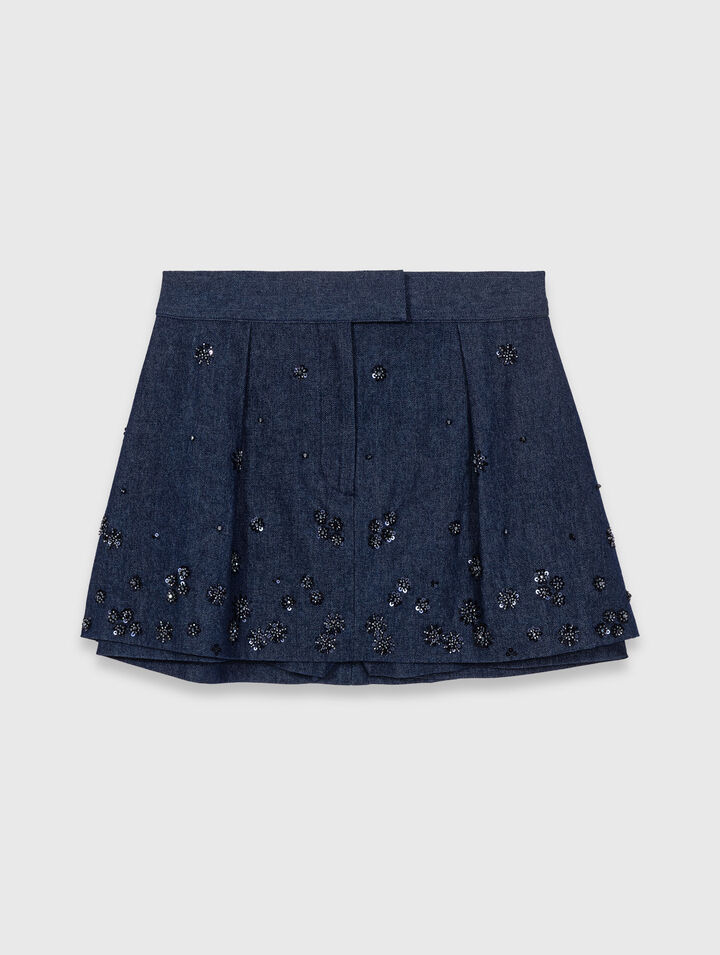 Embroidered layered denim shorts