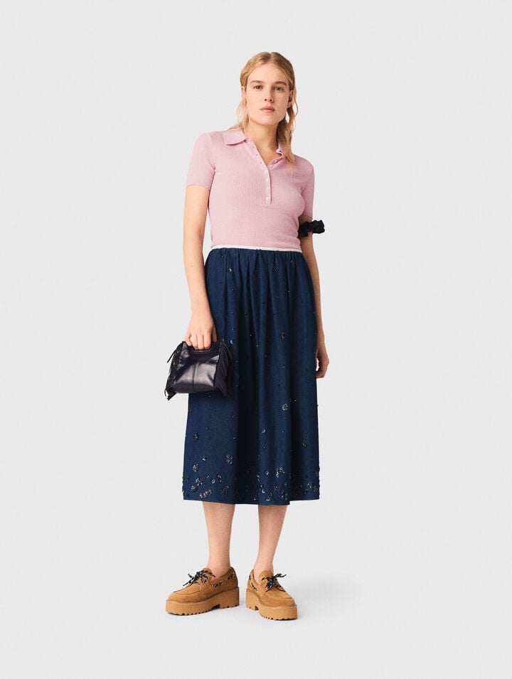 Embroidered denim midi skirt