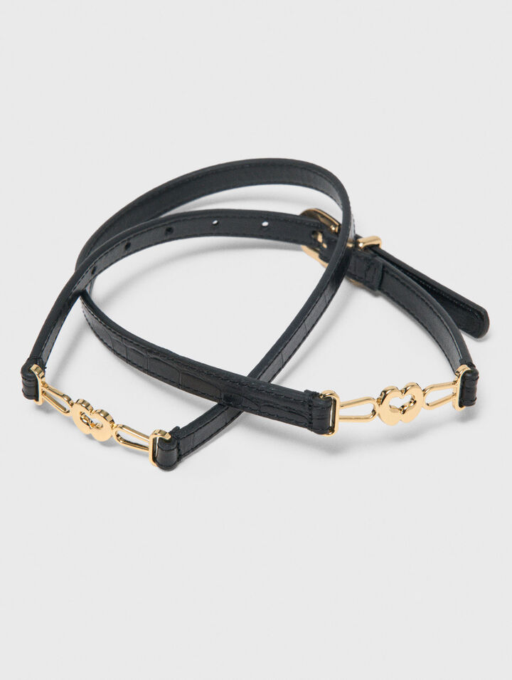 Slim croc-effect leather belt