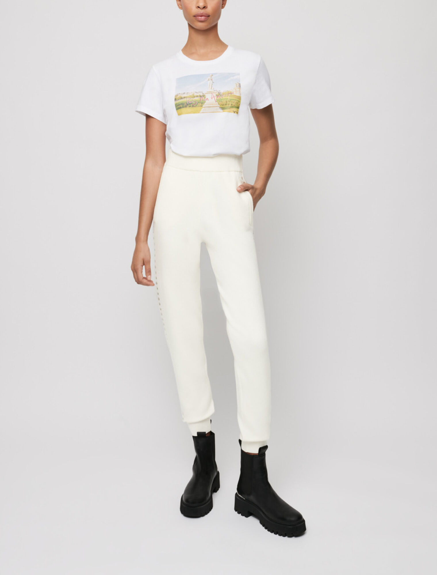 Ecru eyelet knit jogging pants