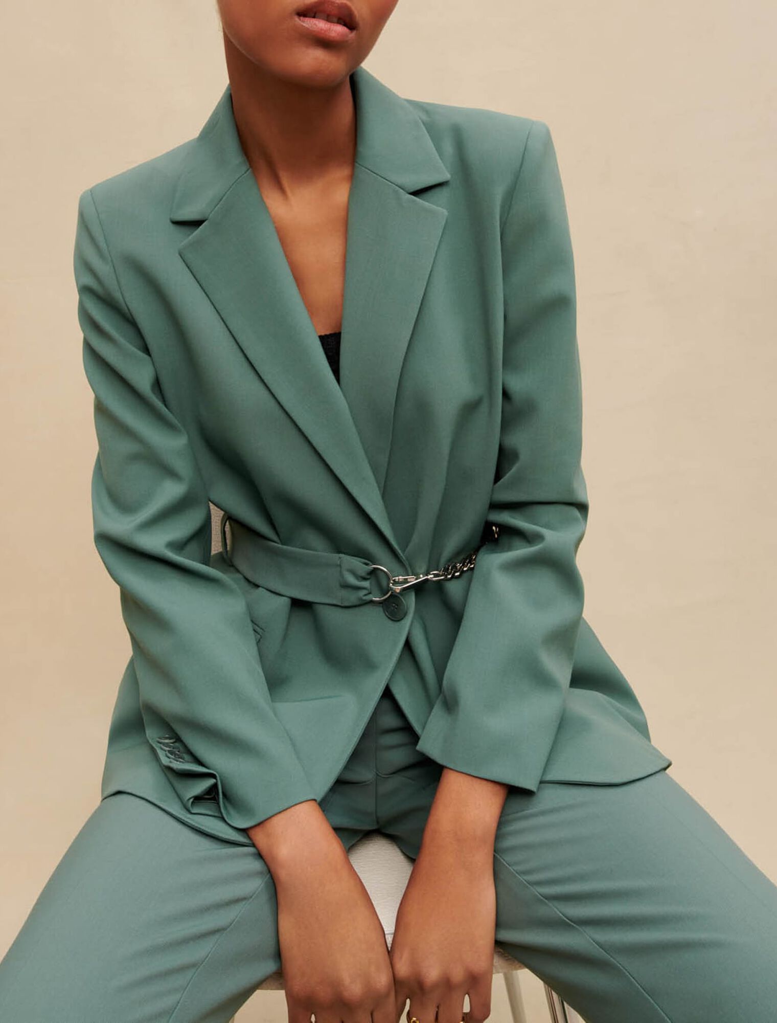 Tailored jacket with chain belt
